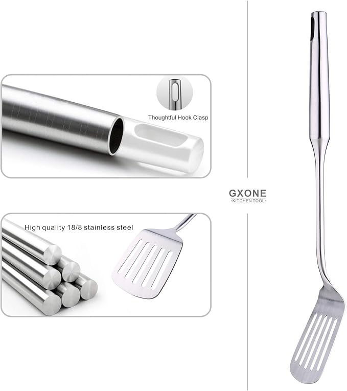 Stainless Steel Slotted Spatula,Cooking Utensil For Kitchen Use With Hollow Handle,Silver/14.9Inch-Ruum Studio Home