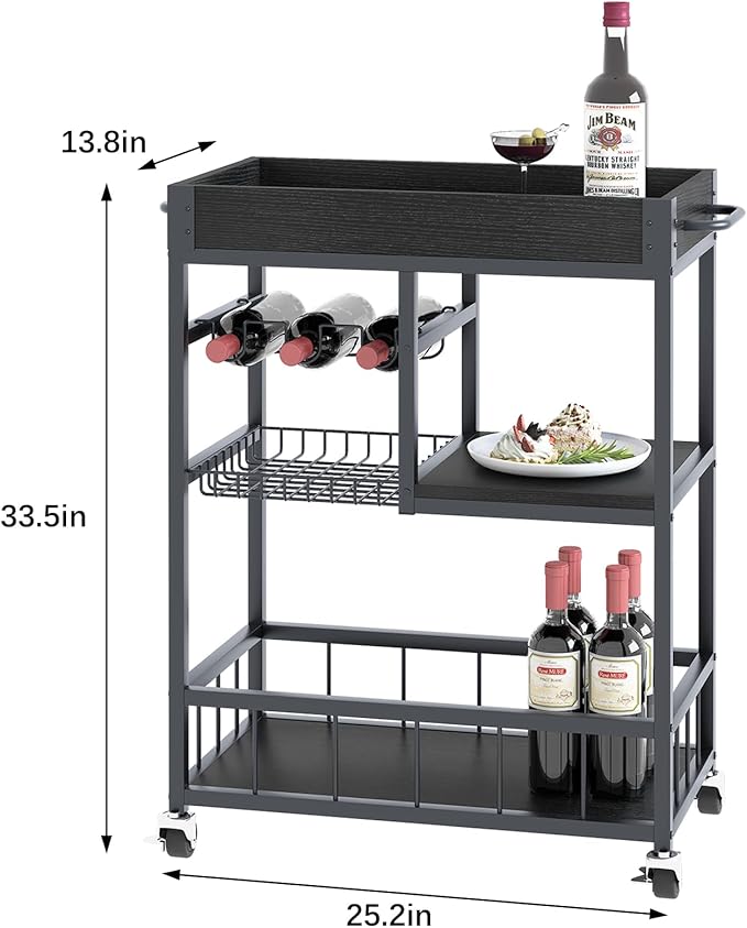 Bar Cart with Basket 3 Tiers Home Rolling Wine Rack with Wheels Mobile Kitchen Industrial Vintage Style Wood Metal Serving Trolley Serving Cart,Black Frame Home Kitchen Shelf for Party-Ruum Studio Home