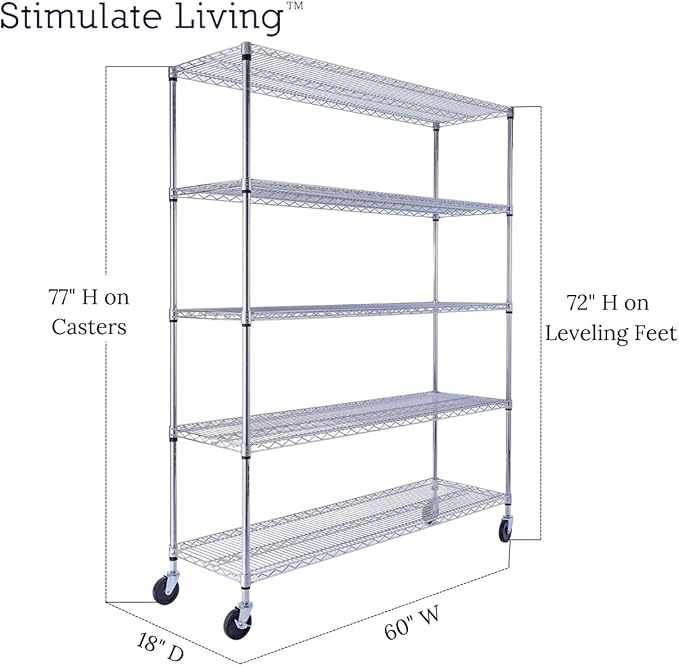 60"x18"x72" PRIME HEAVY DUTY Chrome 5-Tier Wire Shelving 4000 LBS MAX Capacity Storage Rack for Commercial, School, Home, Garage, Warehouse, Industrial, and Hospital Uses (with Wheels)-Ruum Studio Home