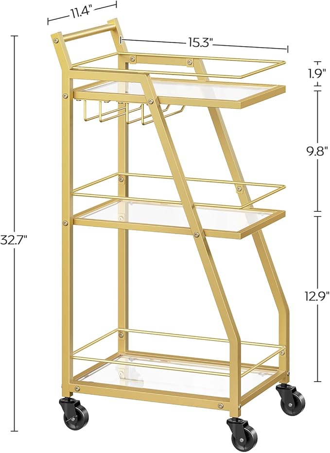 Bar Cart, 3-Tier Bar Cart for The Home, Home Bar Serving Cart with Glass Holders, Beverage Cart for Kitchen, Dining, Party Room, Gold BC03GD-Ruum Studio Home