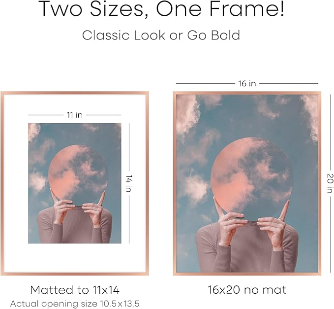 Homeforia Picture Frames 16x20 Rose Gold, High End Metal 16x20 Poster Frame with Mat 11x14 inch Photo, 16 x 20 Rose Gold Frame Matted to 11 by 14 Print, 20x16 Frame, Tempered Glass, Wall Kit, Set of 1-Ruum Studio Home