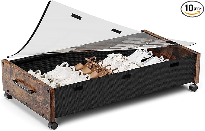 Wooden Under Bed Storage with Wheels, Rolling Under the Bed Storage Bins with Removable Lid, Metal Under Bed Drawers for Clothes and Shoes in Bedroom or Living Room(Vintage Brown-1pack)-Ruum Studio Home