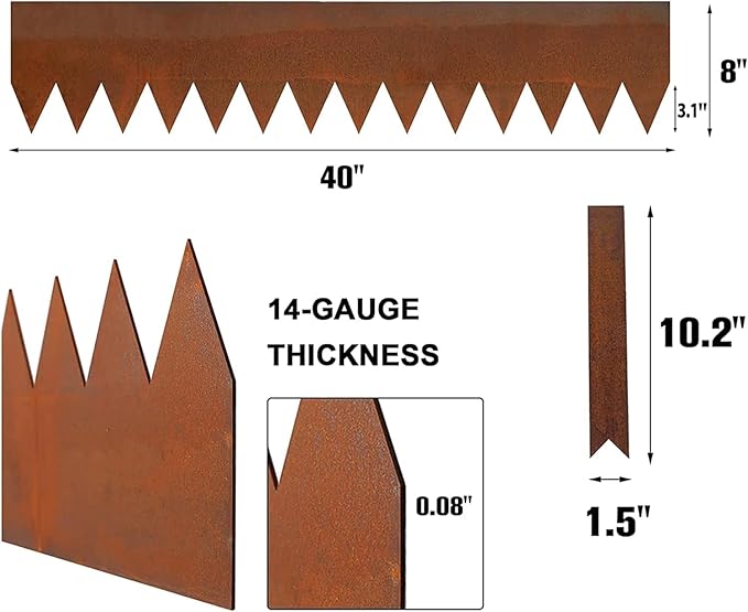 Worth Garden 6 Pack Cor-Ten Steel Landscape Edging w/Rust Patina Finish - 40" L x 8" H Strips - Hammer-in 14-Gauge Metal Corten Edging Border w/ 7 Clips & Gloves - Edge for Lawn Yard (20Ft Total)-Ruum Studio Home