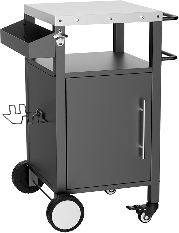 KEIKI Outdoor Grill Cart with Storage and Wheels, Rolling BBQ Prep Table with Spice Rack, Hooks, and Side Handles, Black Metal Bar Cart for Patio Kitchen and Grilling Accessories-Ruum Studio Home