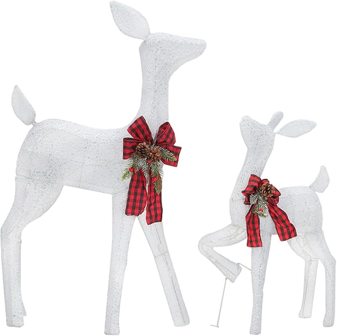 2 Pcs Reindeer Christmas Decoration, Xmas Lighted White Shimmering Doe and Fawn Display Set with 105 Warm White Lights for Yard Lawn Indoor Outdoor-Ruum Studio Home