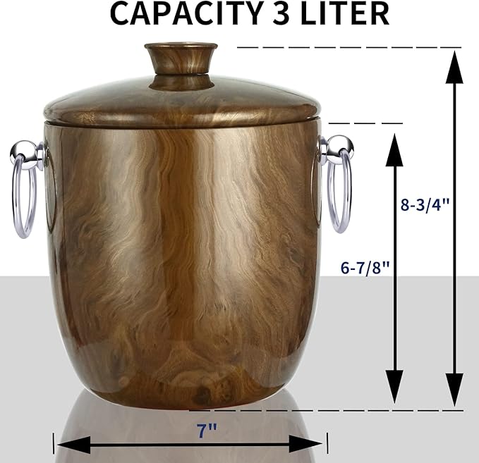 Ice Bucket with Lid, Scoop, Tongs and Strainer - Well Made Insulated Stainless Steel Keep Ice Frozen Longer - Ideal for Cocktail Bar, Parties, Chilling Wine, Champagne - 3 Liter (Teakwood)-Ruum Studio Home