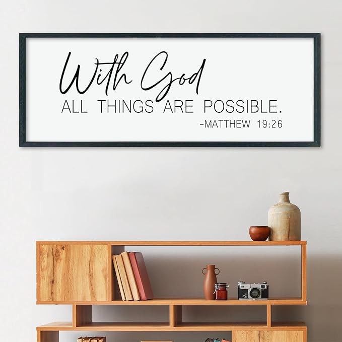 LuZhiQiang With God All Things Are Possible Wall Decor 40"×15" Matthew 19:26 sign Bible Verse Scripture for Living Room Large Wood Framed Wall Hanging Art (Black)-Ruum Studio Home