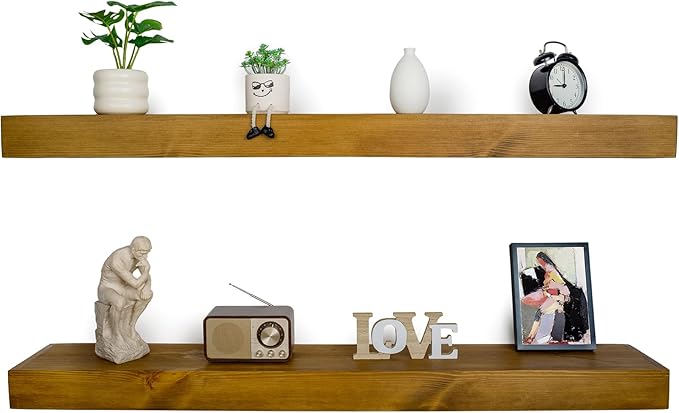 Floating Shelves 3 inch Thick for Wall Set of 2,Solid Pine Wood Wall Mount Shelf for Kitchen Living Room Bedroom Bathroom,8" D x 60" L x 3" H-Gold Oak-Ruum Studio Home