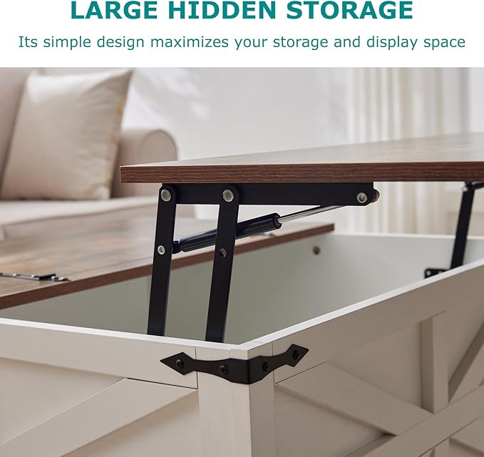 Coffee Table with Storage, Rustic White Square Coffee Tables for Living Room, Lift top Coffee Table with Large Hidden Compartment, Smart Cocktail Tables with Flip Top Lids for Home Office-Ruum Studio Home