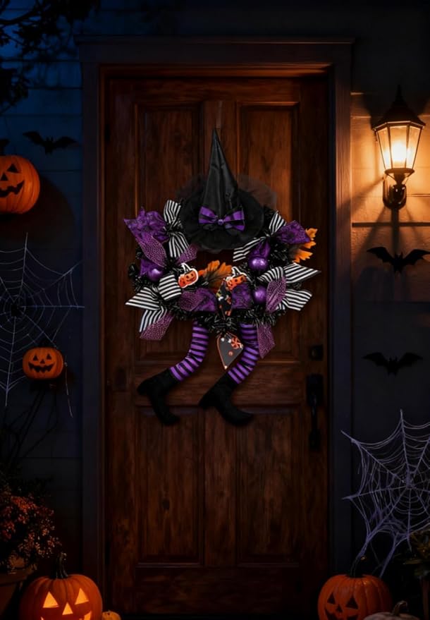 Happy Halloween Wreath for Front Door Decoration with Skeleton Artificial Bone Orange Ornaments Maple Leaf for Party Decor (Halloween Purple)-Ruum Studio Home