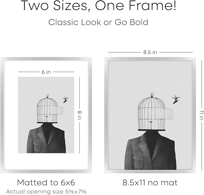 Homeforia 8.5x11 Picture Frame Silver, High End Metal 8.5 x 11 Poster Frames with Mat 6 by 8 Photo, 11x8.5 Frame Matted to 6x8 Print, 8.5by11 Wall or Tabletop Frame, Tempered Glass, Wall Kit, Set of 1-Ruum Studio Home