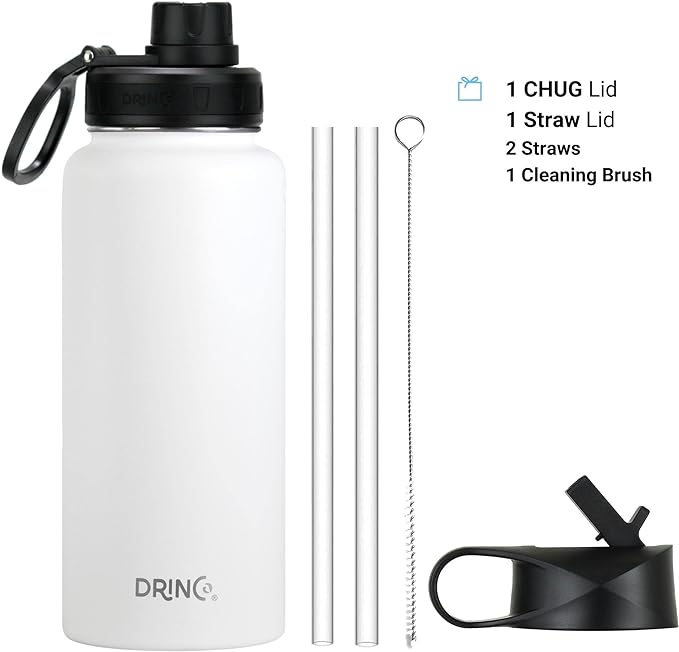 DRINCO Stainless Steel Water Bottle Spout Lid Vacuum Insulated Double Wall Water Bottle Wide Mouth (40oz 32oz 22oz 18oz 14oz) Leak Proof Keeps Cold or Hot (32 oz, 32oz Artic White)-Ruum Studio Home
