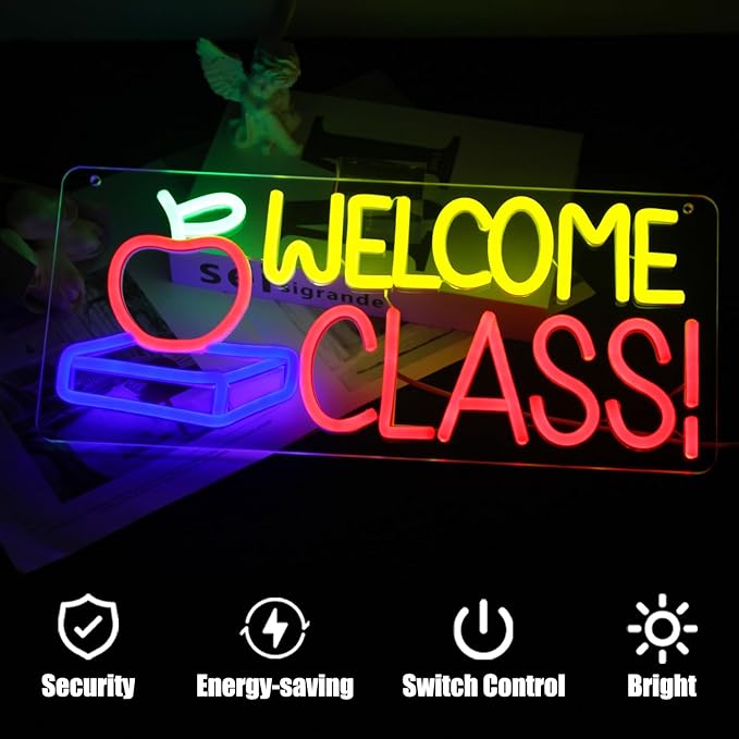 Welcome Class Neon Sign Student Classroom Neon Lights Apple Book LED Signs for Wall Colorful Back to School Wall Art Neon Light Up Signs for Classroom School Opens Party Decorations-Ruum Studio Home