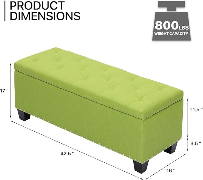 MoNiBloom 42 Inch Long Bench with Storage, Modern 40L Inner Space Green Linen Foot Stool for Bedroom, Upholstered Padded Rectangular Fabric Tufted Bench Footrest with Wood Legs with 660 Lbs Capacity-Ruum Studio Home