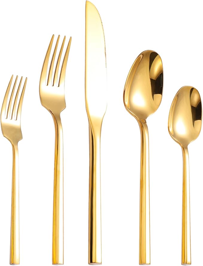 Mirror Silverware Set Gold Flatware Set with Hexagon Handle 20 Pieces 18/0 Stainless Steel Cutlery Set Wedding Housewarming Gift Service for 4 (Mirror gold)-Ruum Studio Home