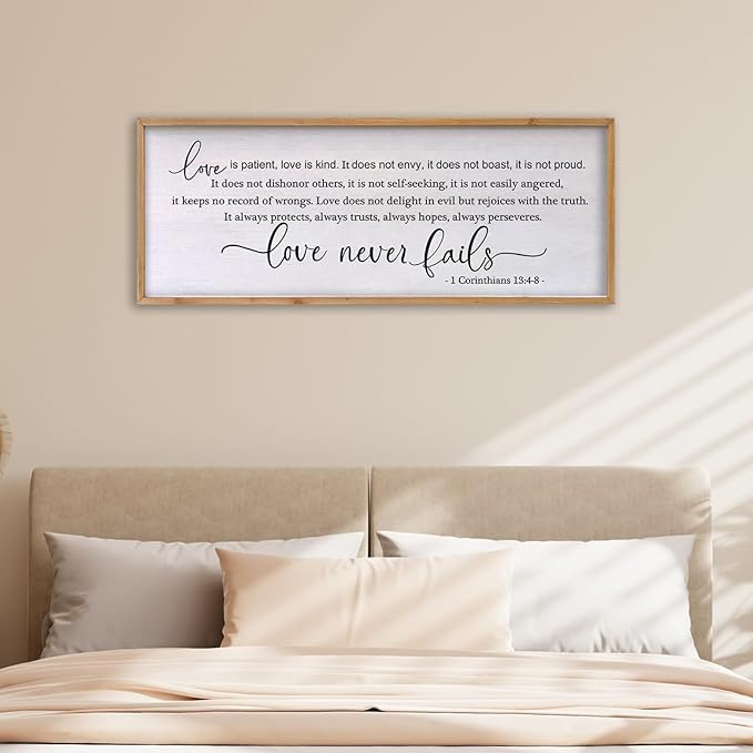 Love is Patient Love is Kind Wall Art 24×10 Inch Bible Verse 1 Corinthians 13 Christian Hanging Wood Framed Decor Sign (Wood)-Ruum Studio Home