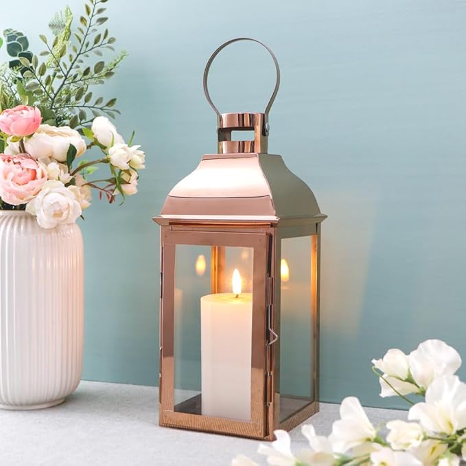 JHY DESIGN Decorative Candle Lanterns 15" High Stainless Steel Candle Lanterns with Tempered Glass for Indoor Outdoor Events Parities and Weddings Vintage Style Hanging Lamps(Rose Gold)-Ruum Studio Home