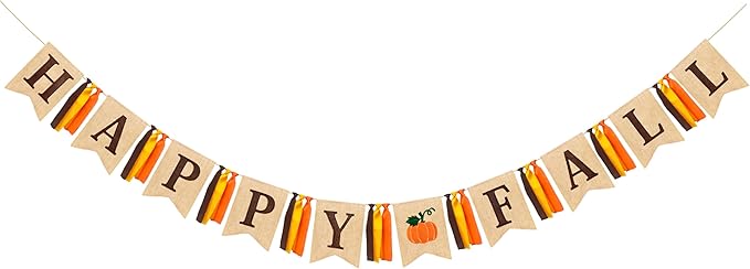 Happy Fall Pumpkin Burlap Pennant Banner Flag Felt Happy Fall Sign and Pumpkin Pattern with Fall Color Ribbon for Fall Autumn Harvest Thanksgiving Day Birthday Baby Shower Party Decorations Supplies-Ruum Studio Home