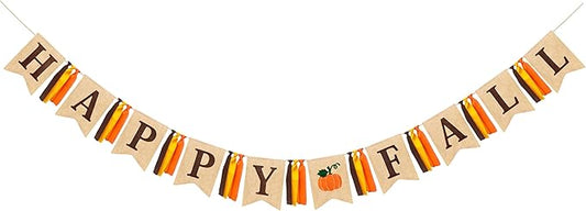 Happy Fall Pumpkin Burlap Pennant Banner Flag Felt Happy Fall Sign and Pumpkin Pattern with Fall Color Ribbon for Fall Autumn Harvest Thanksgiving Day Birthday Baby Shower Party Decorations Supplies-Ruum Studio Home