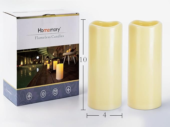 Homemory 4" x 10" Large Waterproof Outdoor Flameless Candles, Battery Operated LED Pillar Candles with Remote and Timers for Indoor Outdoor Lanterns, Long Lasting, Dark Ivory, Set of 4-Ruum Studio Home