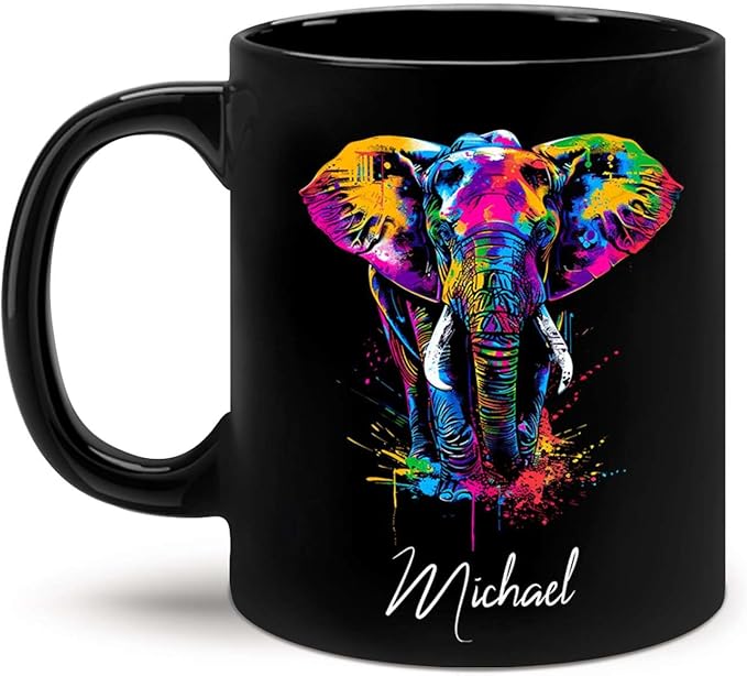 Elephant Coffee Mug 11oz 15oz, Personalized Name Animal Black Cup, Gift For Elephant Lovers, Custom Colorful Animal Design Mug, Gifts For Son Daughter On Birthday-Ruum Studio Home