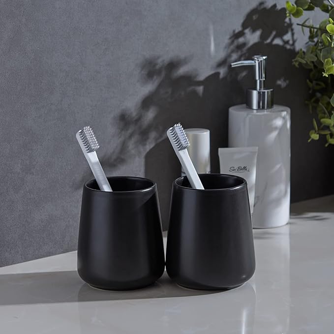 Matte Black Toothbrush Holders for Bathroom - 2Pcs Ceramic Tooth Brushing Holder Set, Toothpaste Holder, Reusable Toothbrush Mouthwash Cups, Space-Saving Design for Bathroom Countertop-Ruum Studio Home