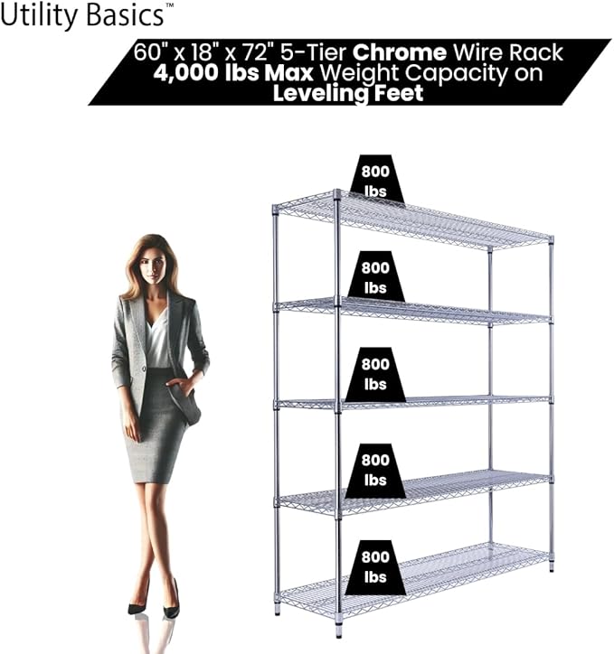 60"x18"x72" Chrome 5-Tier PREMIUM Wire Shelving NSF 4000 LBS MAX CAPACITY Heavy Duty Steel Storage Rack for Warehouses, Garages, Hospitals, Commercial Spaces, & Schools w/PREMIUM WHEELS-Ruum Studio Home
