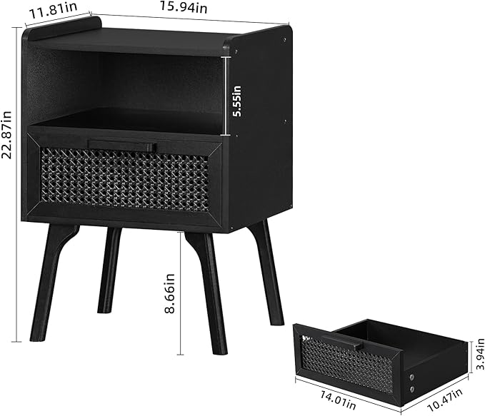 Lerliuo Rattan Nightstand, Side Table with Drawer Open Shelf, Cane Accent Bedside End Table with Solid Wood Legs, Mid Century Modern Night Stand for Bedroom, Dorm and Small Spaces (Black)-Ruum Studio Home