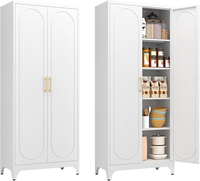 Metal Storage Cabinet with Doors and Shelves, 75 Inch Tall Kitchen Pantry Cabinet, Pantry Cabinets for Kitchen Storage, Freestanding Cupboard for Living, Dining Room, White, Assembly Required-Ruum Studio Home