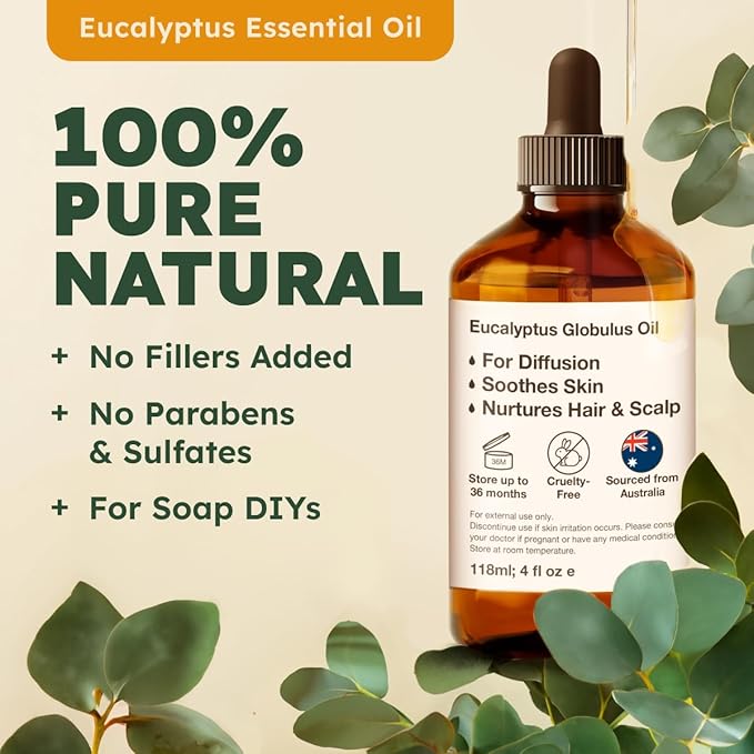 KUKKA essential oils 100% Pure & Natural Eucalyptus Essential Oil for Diffuser, Humidifier, Skin, Hair & Soap Making DIY(4 Fl Oz/118 ml)-Ruum Studio Home