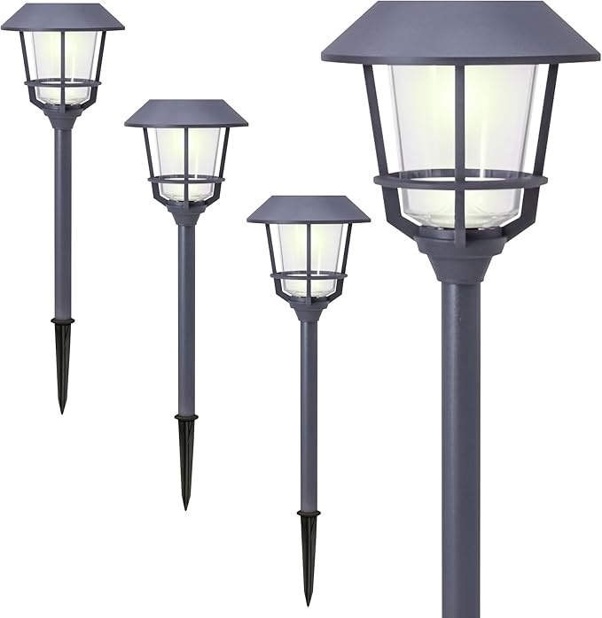 Solar LED Path Lights 4 Pack – 12 Lumens, Warm White, Weathered Zinc, Stainless Steel, Solar Powered, Weather-Resistant Outdoor Lighting for Walkway, Garden, Patio, Sidewalk-Ruum Studio Home