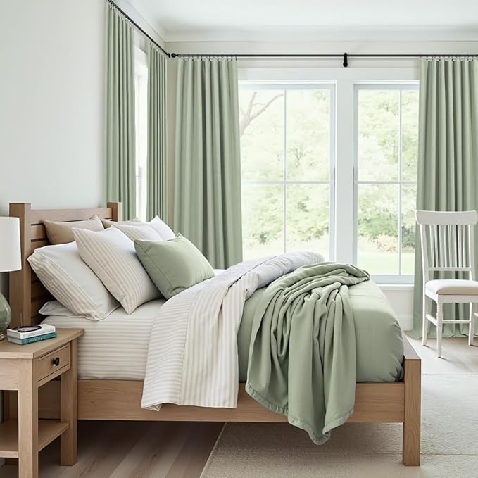 Sage Green Curtains 84 Inch Length 2 Panels Set for Bedroom Back Tab Blocking Light Sage Boho Blackout Linen Drapes Thermal Insulated Black Out Room Darkening Window Curtain for Living Room 52x84 Long-Ruum Studio Home