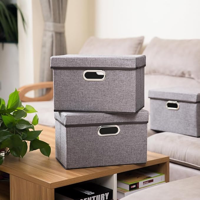 PRANDOM Foldable Storage Boxes with Lids [1-Pack] Linen Fabric Collapsible Storage Bins Organizer Containers Baskets Cube with Cover for Home Bedroom Closet Office Nursery (14.9x9.8x9.8)-Ruum Studio Home