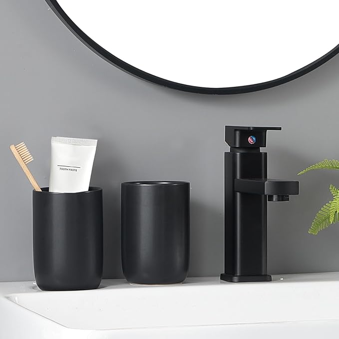 Matte Black Toothbrush Holders for Bathrooms - 1 Cups Ceramic Toothbrush Toothpaste Holders, Black Bathroom Tumbler Cup Reusable Toothbrush Cup Black Mouthwash Cup, Bathroom Counter Organizer-Ruum Studio Home