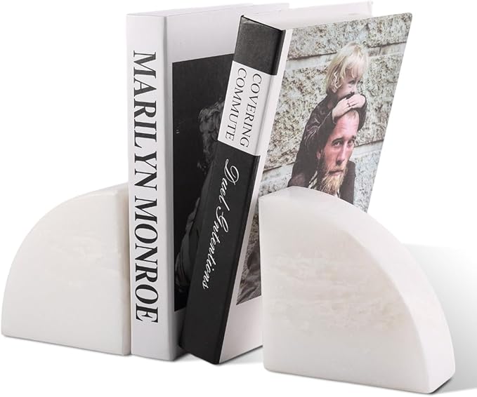 Marble Bookend for Shelves, Non-Skid Bookends for Heavy Books, Heavy Duty Book Stopper for CDs, Luxury Book Shelf Holder, Quarter Circle Design Book Ends Decorative, Namib Fantasy, Set of 2-Ruum Studio Home