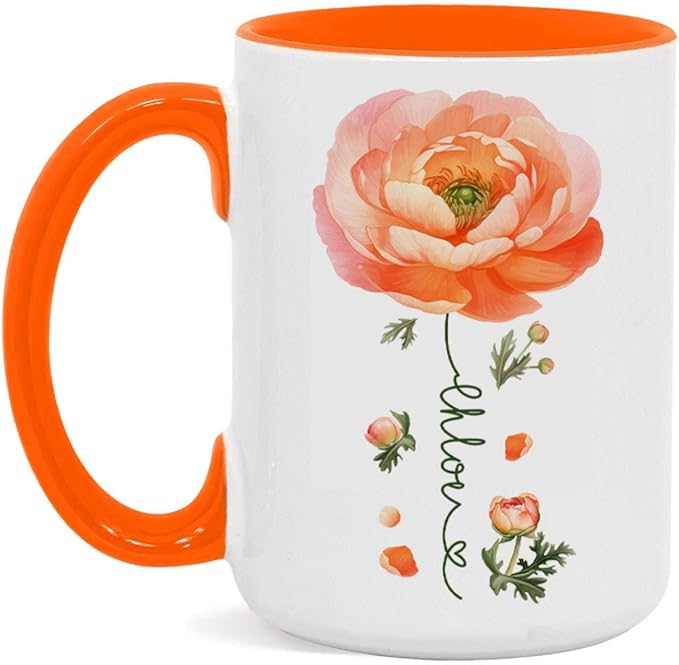 Ranunculus Lover Accent Mug, Novelty Flower Themed Coffee Cup 11oz 15oz, Customized Ranunculus Floral Mug With Name, Personalized Flower Decorative Cup, Gift For Birthday-Ruum Studio Home