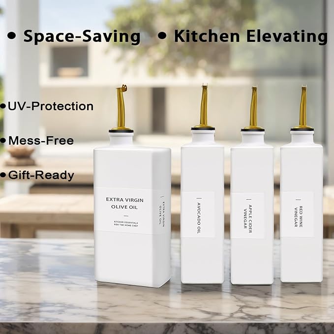 Olive Oil Dispenser Bottle for Kitchen, 16.9oz Soy Sauce Dispenser, UV Protected Oil&Vinegar Cruet Set, Soy Sauce Dispenser (White, Set of 2)-Ruum Studio Home