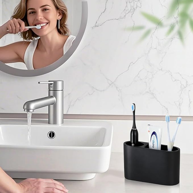Luxspire Toothbrush Holder, 2 Slots Toothbrush and Toothpaste Holdersfor Bathrooms, Resin Toothbrush Holder Electric Toothbrush Stand for Vanity Countertop, Bathroom Accessories, Matte Black-Ruum Studio Home