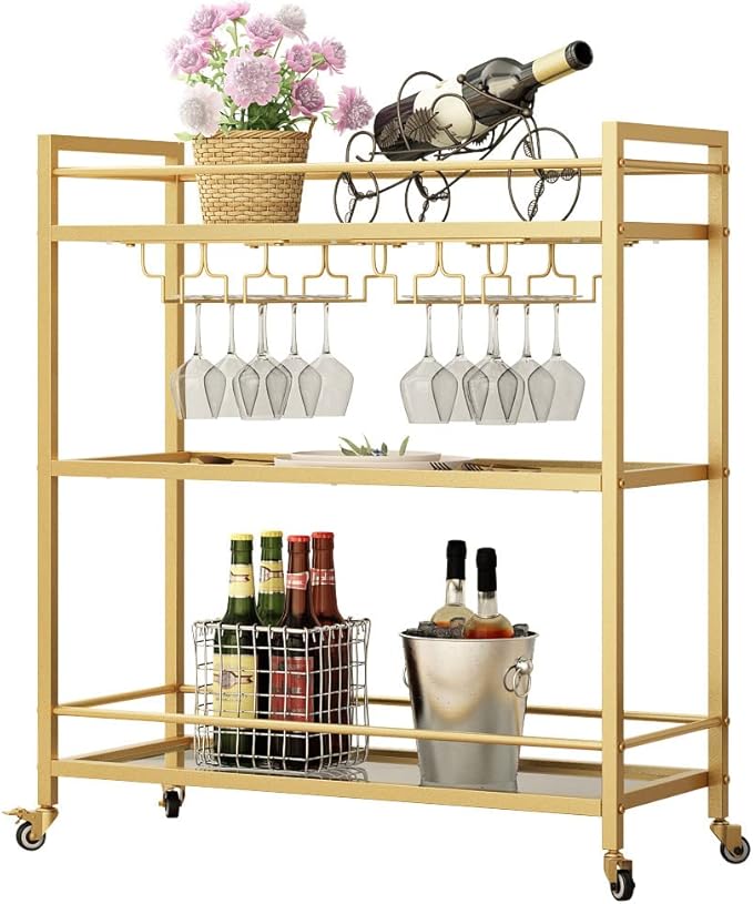 Glass Gold Bar Carts for Home with Hanging Wine Rack - Home Bar Serving Cart with 3 Mirrored Shelves, Kitchen Bar Carts, Wine Cart for Entertaining, Club Party.-Ruum Studio Home