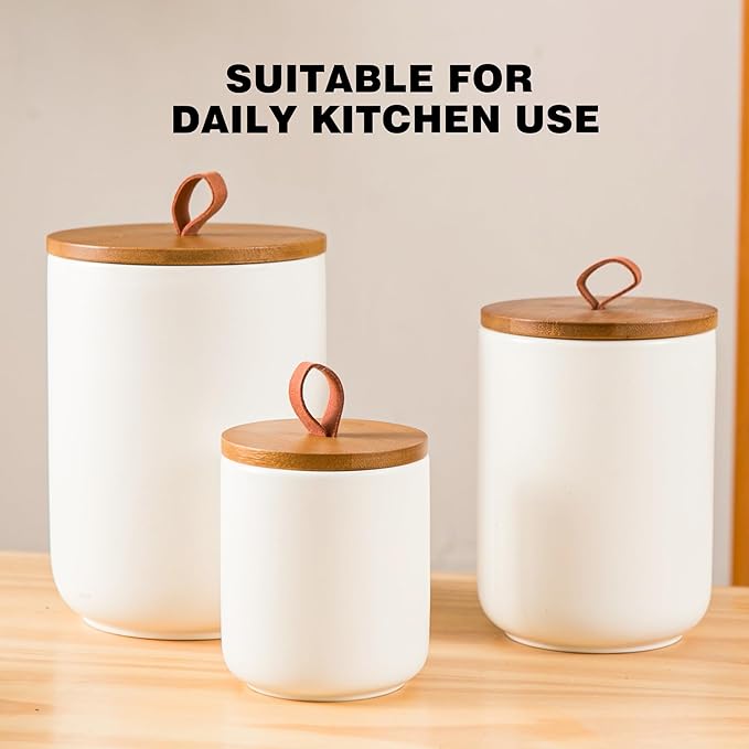 Ceramic Canister Set for Kitchen, 3pcs White Ceramic Kitchen Canisters for Countertop with Airtight Wood Lids, Large Flour and Sugar Containers for Coffee, Tea, Spice-Ruum Studio Home
