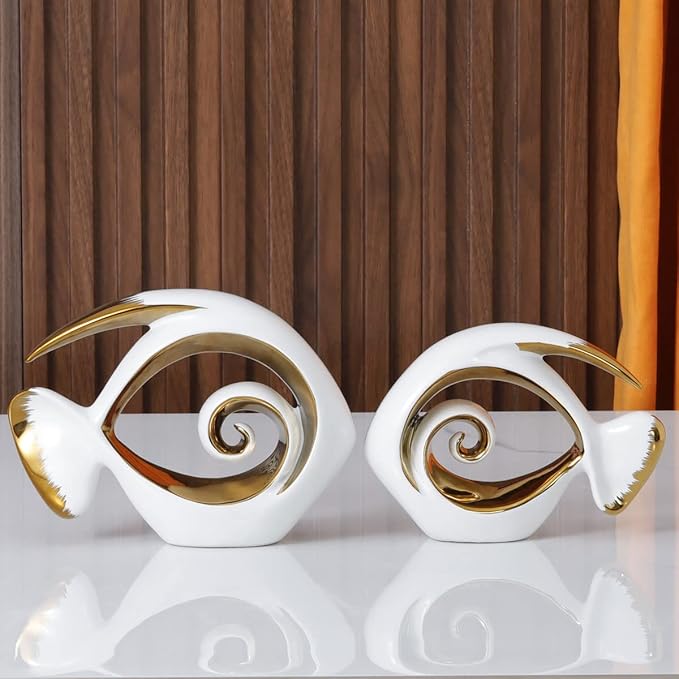 White Gold Ceramic Fish Figurines - Coastal Home Decor, Modern Ocean Centerpieces for Living Room, Dining Area, Bathroom, Office, Coffee Table, Beach House, Nautical, Seaside, Entrance, Shelf Display-Ruum Studio Home