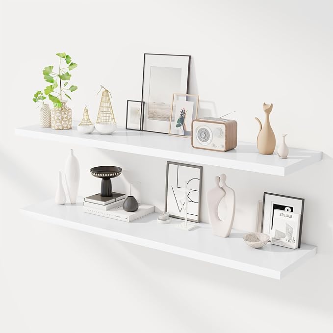 55" Floating Shelves for Wall, 12" Deep Slim White Floating Shelves, Wall-Mounted Shelves for Bedroom, Living Room, Kitchen, Bathroom - Set of 2-Ruum Studio Home