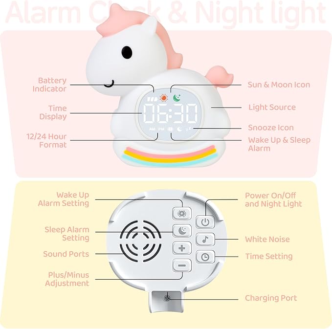 Cute Alarm Clock for Kids with Night Light, Sleep Training Clock Time to Wake Clock, Rechargeable Silicone Light for Bedroom, Perfect Sleep Companion for Boys Girls, Pink Pony-Ruum Studio Home