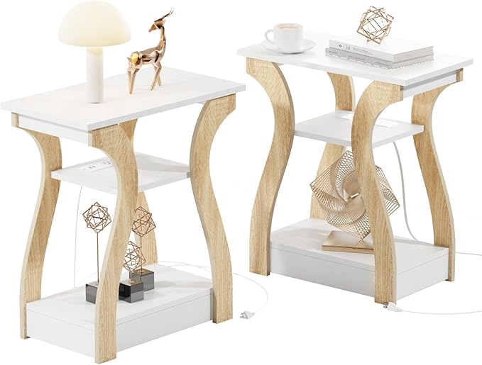 End Table Set of 2 with Charging Station, Side Table with USB Ports and Outlets, Nightstand, 3 Tier End Table with Storage Shelf for Living Room, Bedroom (White Set of 2)-Ruum Studio Home