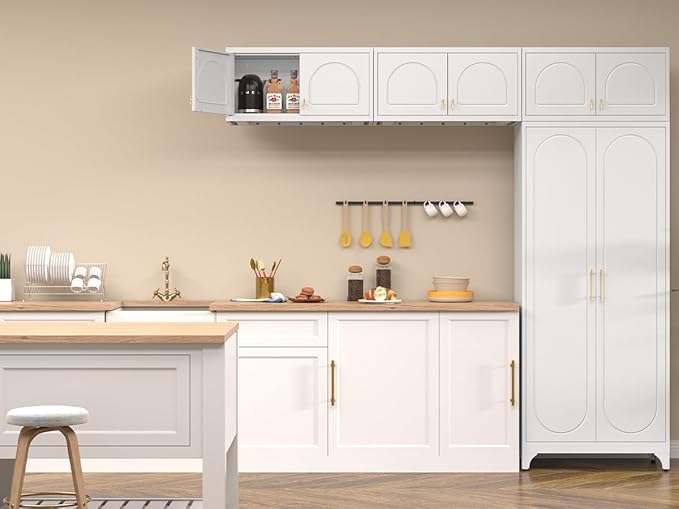 Kitchen Pantry Cabinet, 90" Tall Metal Pantry Cabinet, Food Cupboards with Doors and Shelves, Freestanding Storage Cabinets for Dining, Living Room, 16"D x 32"W x 90"H, White, Assembly Required-Ruum Studio Home