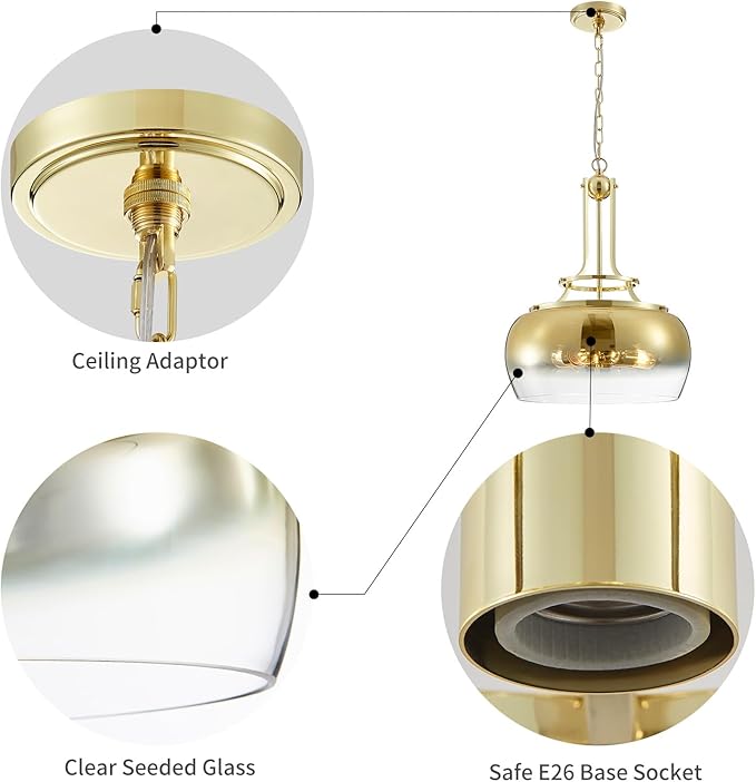 WUZUPS Gold Chandelier Rustic Farmhouse Industrial Round Ceiling Pendant LED Light Fixture with Gradient Glass Shade for Dining Room Kitchen Island Foyer Entryway, H 20.9" W 15.9", E26 Base-Ruum Studio Home