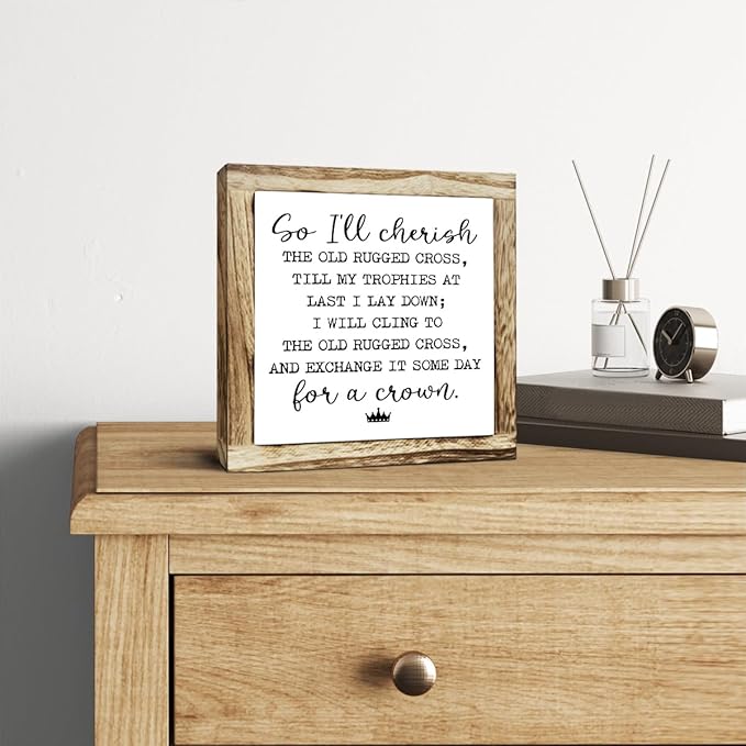 Rustic Wood Sign, So I'll Cherish the Old Rugged Cross Sign, Wooden Plaques Signs Table Decor, Small Wooden Box Signs, Inspirational Desk Decorate, Spiritual Decorate, Shelf Decoration for Home Office-Ruum Studio Home