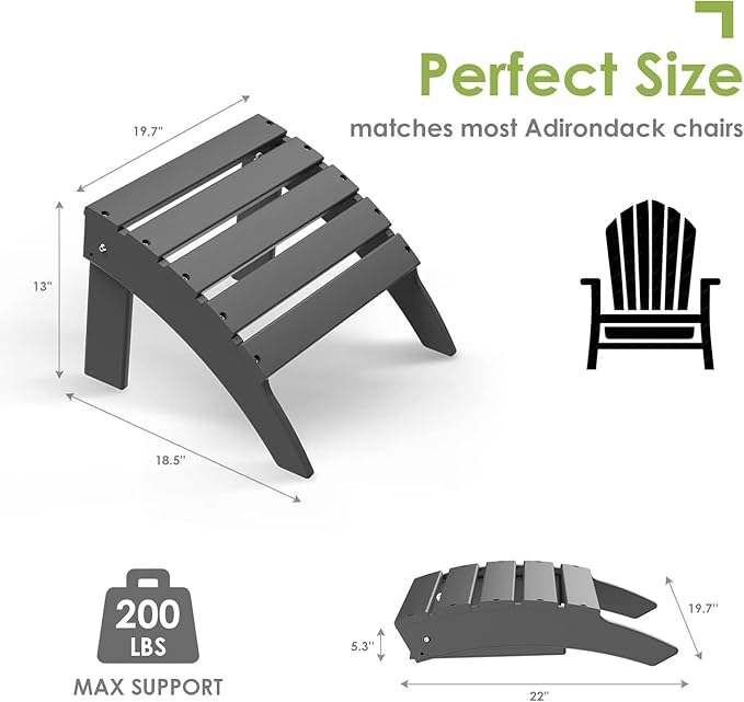 GREENVINES Adirondack-Ottoman | Set of 4 | HDPE Plastic | Outdoor Footrest | All Weather | Foot Rest | Foot Stool | Grey | for Adirondack Chair | for Patio Backyard Pool-Ruum Studio Home