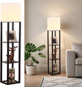 HomeFocus - Floor Lamp with Shelves,Shelf Floor Lamp with LED Bulb,Bookshelf Corner Display Lamp for Living Room,Bedroom and Office,White Linen Shade,Rustic Wood,Black-Ruum Studio Home