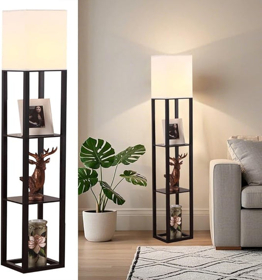 HomeFocus - Floor Lamp with Shelves,Shelf Floor Lamp with LED Bulb,Bookshelf Corner Display Lamp for Living Room,Bedroom and Office,White Linen Shade,Rustic Wood,Black-Ruum Studio Home